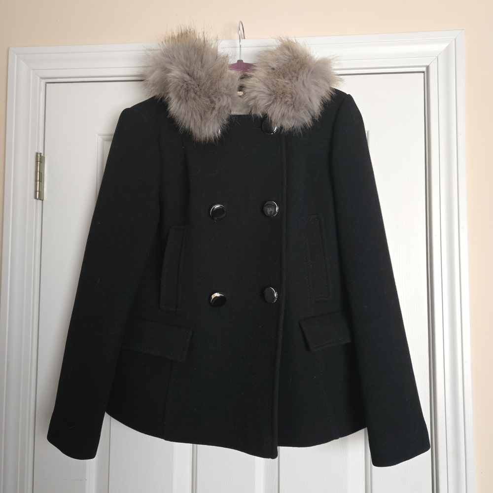 Kate Spade Black Double-Breasted Wool Coat with Faux Fur Collars XS